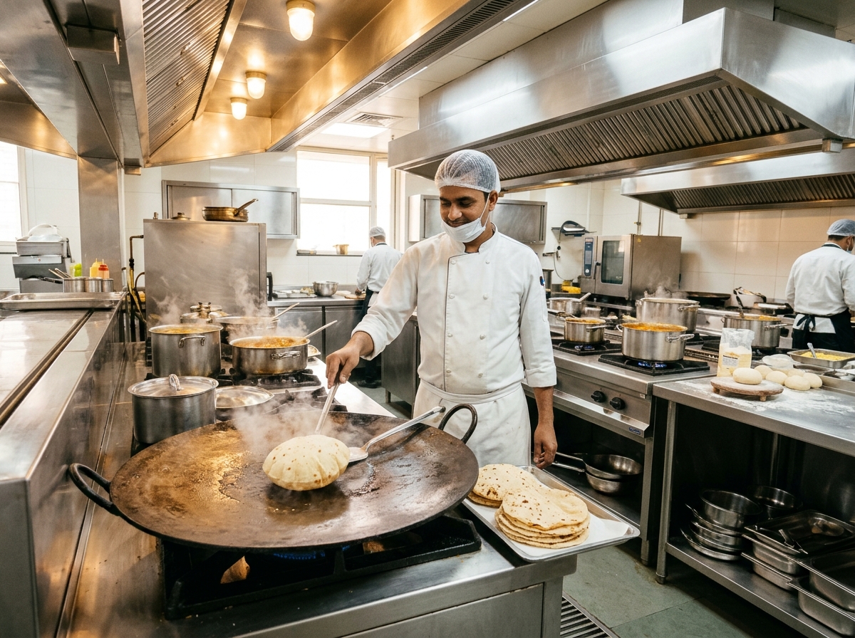 Hygienic Modern Kitchen with clean chefs baking fresh puffed phulkas