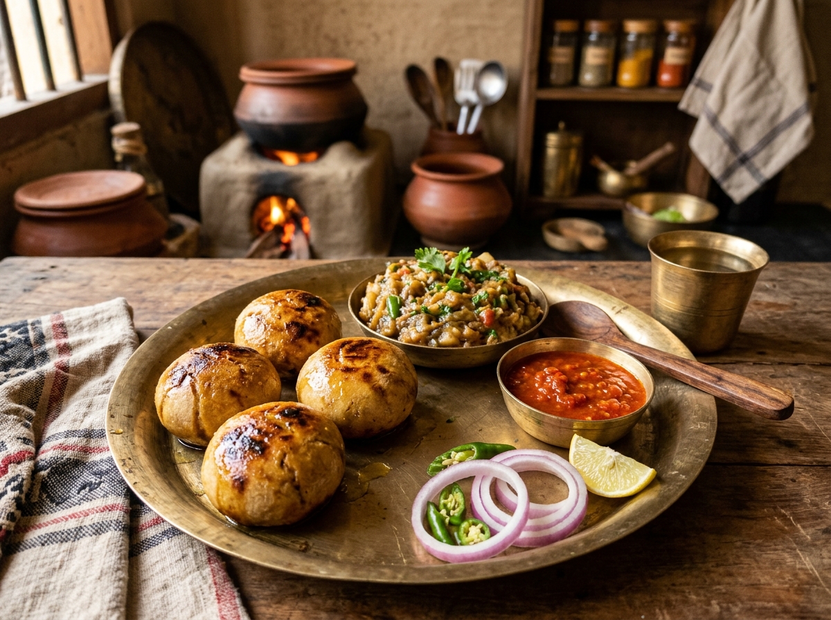 Authentic Bihari Litti Chokha dipped in Desi Ghee with Roasted Baingan Chokha and Chutney